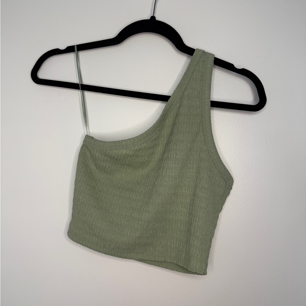 American Eagle Sage Green Textured One Shoulder Tank Crop Top Medium